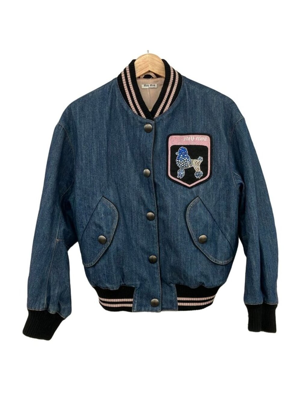 Miu Miu Jacket S Blue Light Pink Long Sleeve Denim Beads Rhinestone